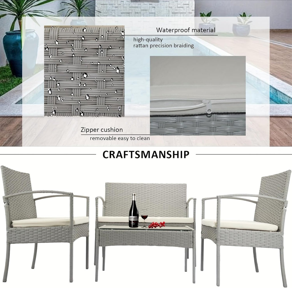 4-Piece Rattan Wicker Patio Furniture Set, Outdoor Conversation Set with Coffee Table, All-Weather Wicker Chair for Porch, Balcony, Garden, Backyard, Modern Outdoor Seating Set (Grey)
