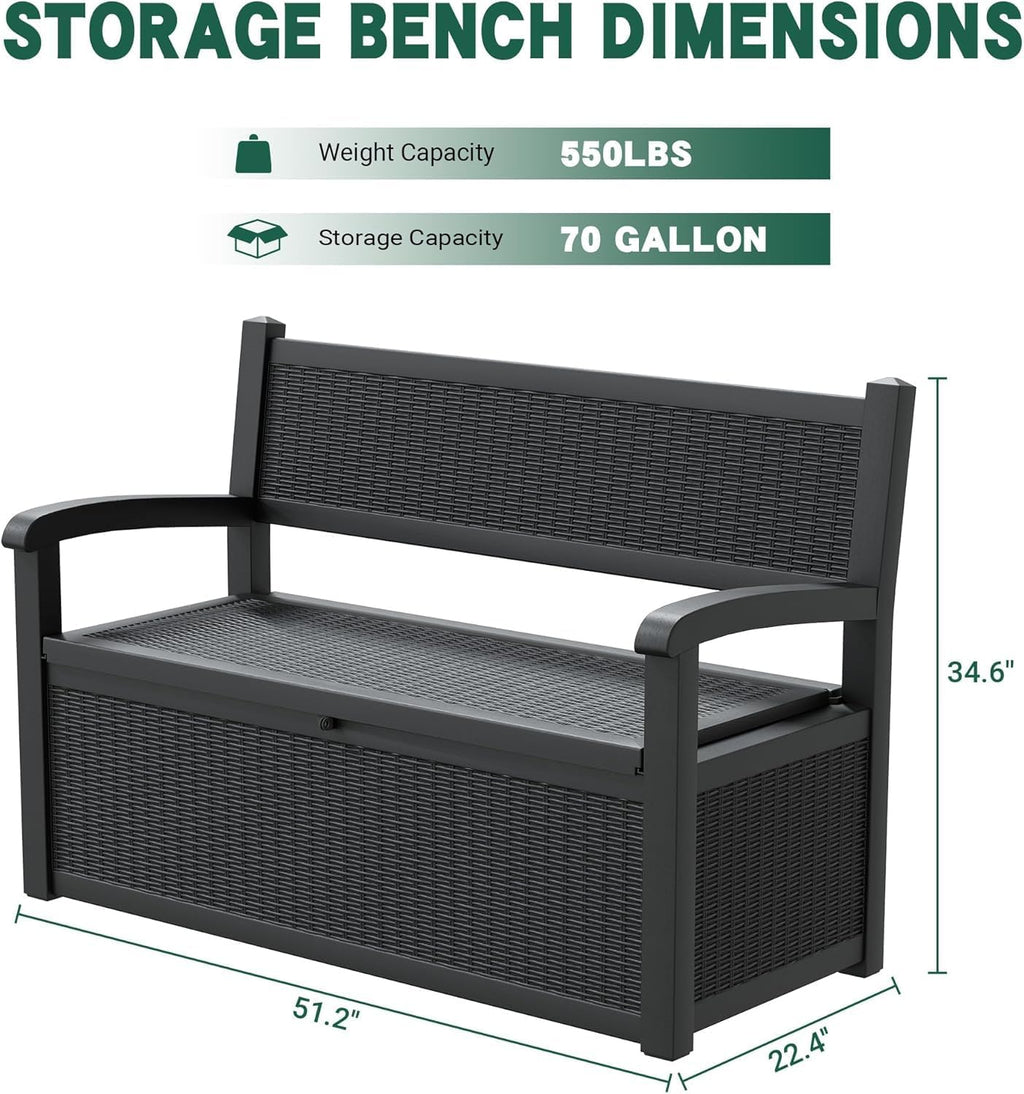 LHBcraft 70 Gallon Lockable Outdoor Storage Bench Waterproof, Deck Box Bench for Patio, Porch, Garden, Poolside, Stores Tools & Pool Supplies, Heavy-Duty Outdoor Bench with Storage, Black