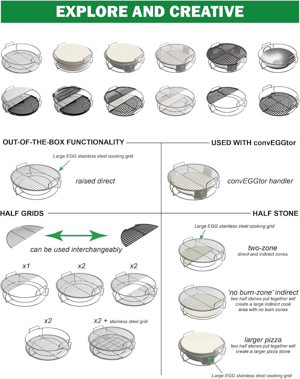 Replacement 1-Piece ConvEGGtorBasket Rack for Big Green Egg Large, BGE EGGpsnder Accessories - Easy Placement or Removal of Grill Heat Deflector or Cast Iron Plate Setter, Stainless Stack Rack Parts