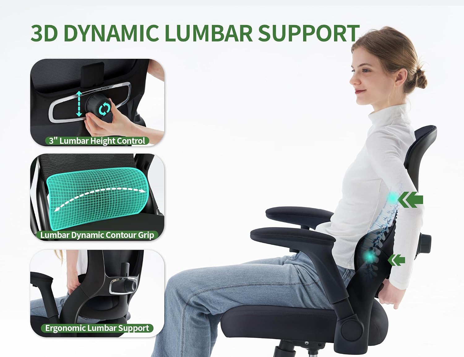 Office Chair Ergonomic Desk Chair Comfy: 400LBS Mesh Computer Chair Ergonomic Gaming Chairs with Wheels Adjustable Lumbar Support and Flip up Armrest-Swivel Executive Chairs Long Hours(Full Black)