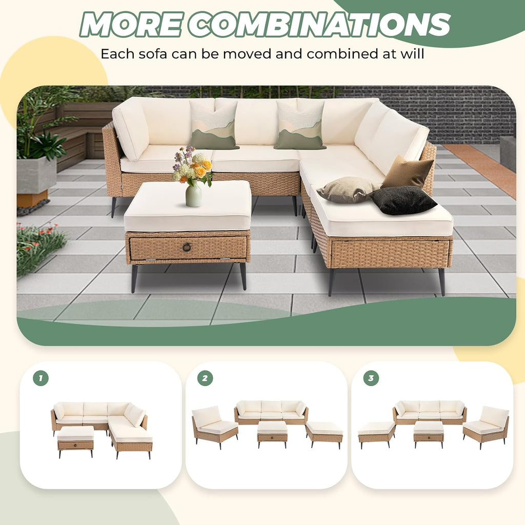 LVUYOYO 6 Pieces Outdoor Patio Furniture Set, Wicker Sectional Sofa Set for All-Weather, Rattan Conversation Sets with Cushions and Storage for Deck, Backyard, Porch (Khaki)