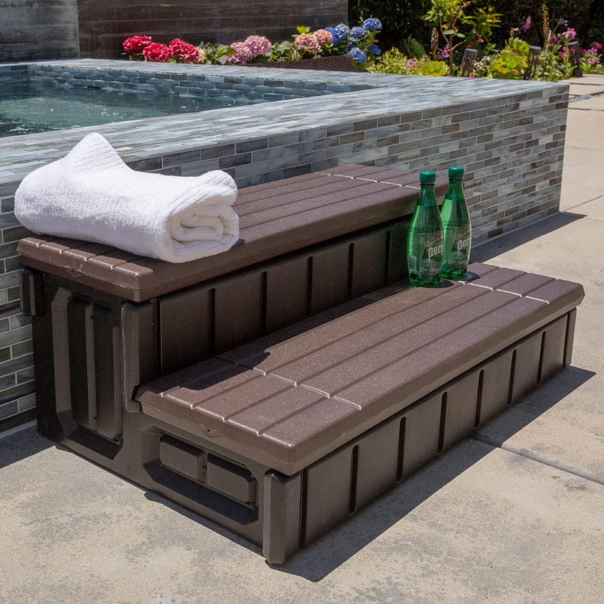 XtremepowerUS Universal 2 Slip-Resistant Spa & Hot Tub Step Outdoor Indoor Stool Pool Ladder Compartment Spa Step 36' Inches Long with Storage, Brown/Black