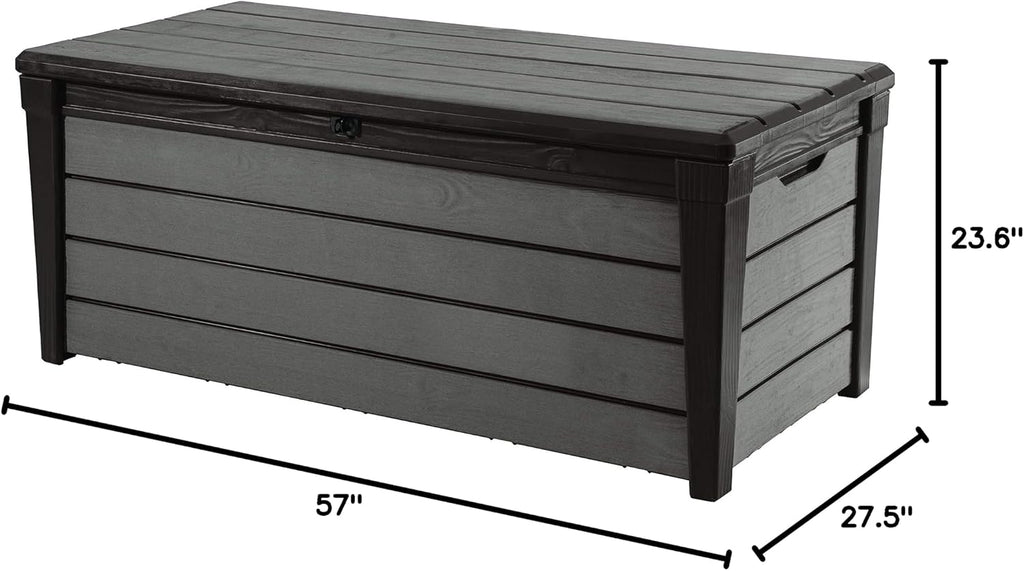 Keter Outdoor Storage Deck Box, for Patio, Backyard & Garden, Brushwood, 120 Gal, Brown - Lockable, Organizing, and Waterproof Plastic Container Bench