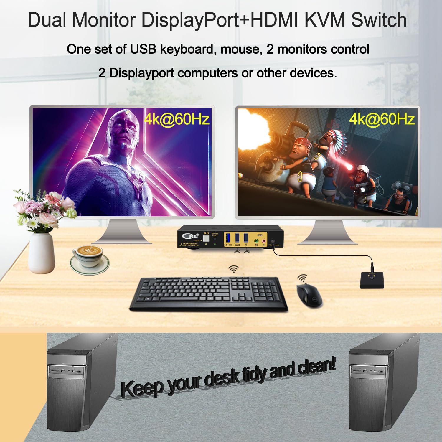CKL DisplayPort MST KVM Switch (1 DP in 1 DP + 1 HDMI Out for 2 Computers 2 Monitors