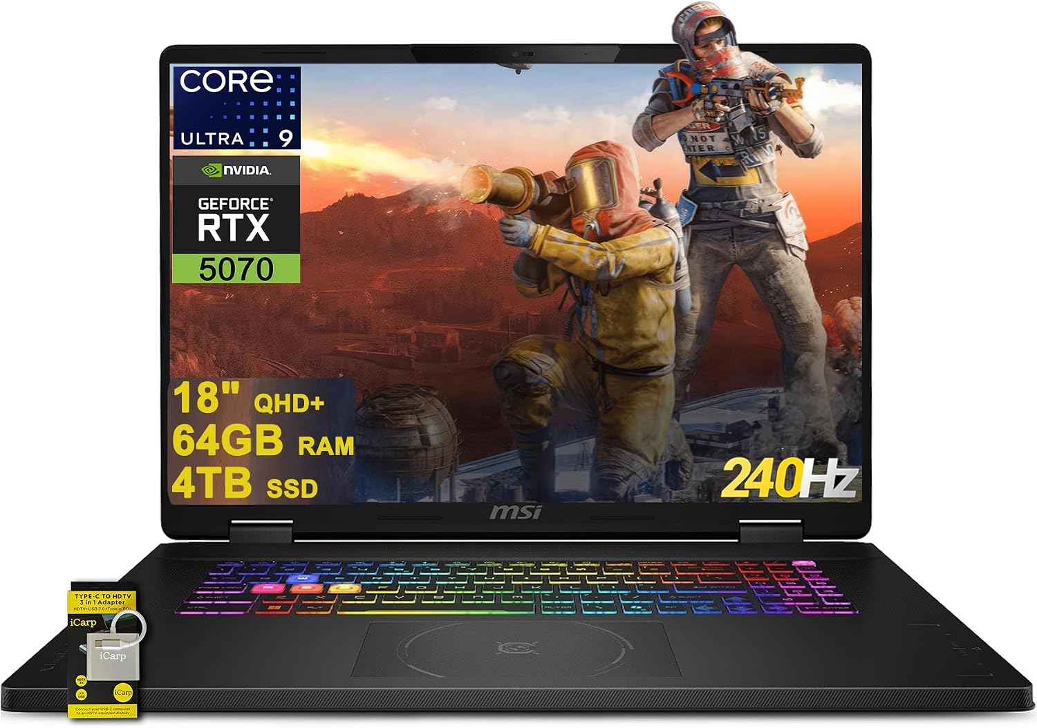 msi Crosshair 18 HX AI Gaming Laptop 18' QHD+ IPS 240Hz Intel 24-core Ultra 9 275HX (>i9-14900HX) 64GB DDR5 4TB SSD GeForce RTX 5070 (Up to 798 AI Tops) RGB Backlit Thunderbolt Win11 ICP Hub