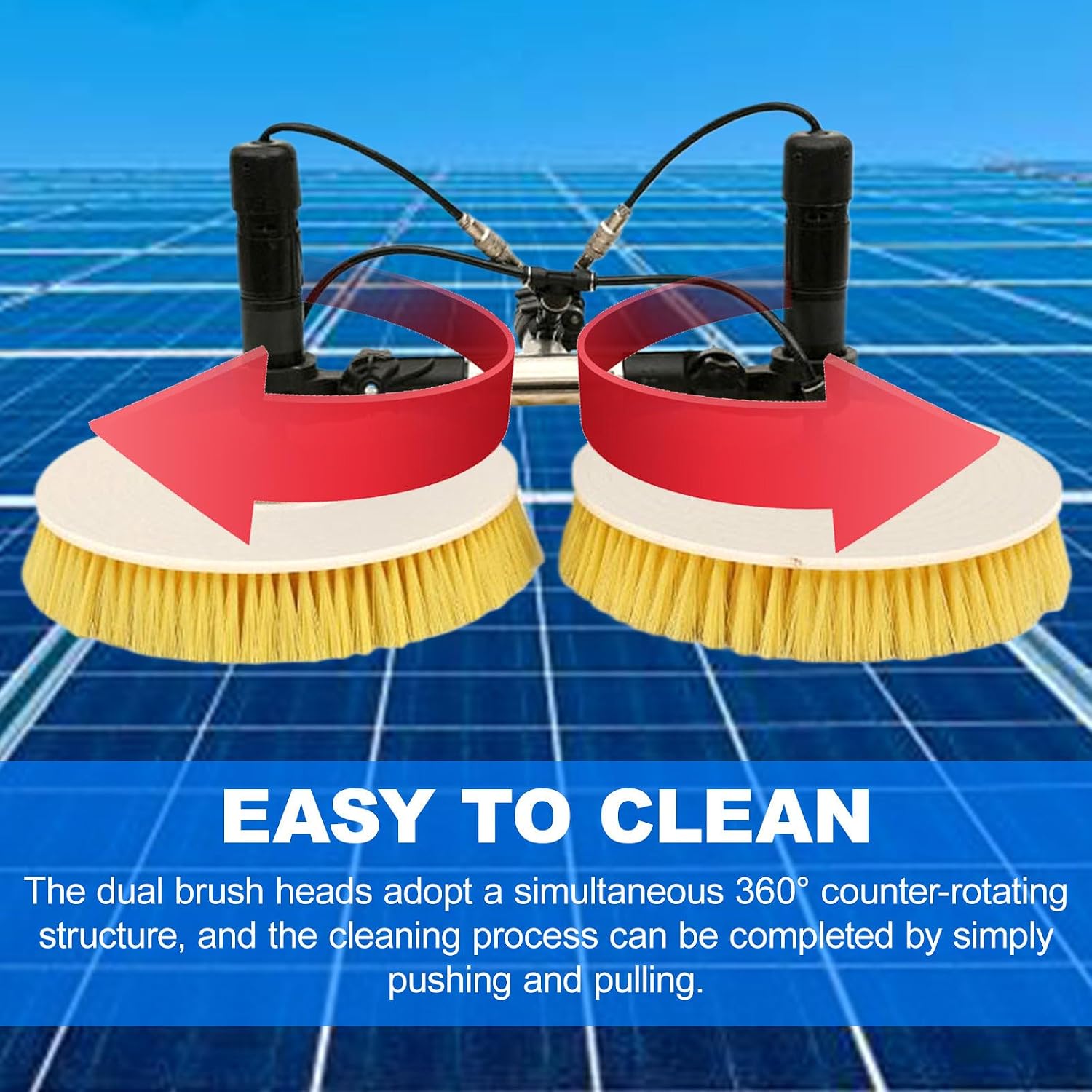 Solar Panel Electric Cleaning Brush-Cleaning Width: 65cm/25.5in,Photovoltaic Water Fed Cleaning Pole Kit with Dual Brush Heads - 360° Counter Rotating+Water Pump + 20m Water Hose,7.5m