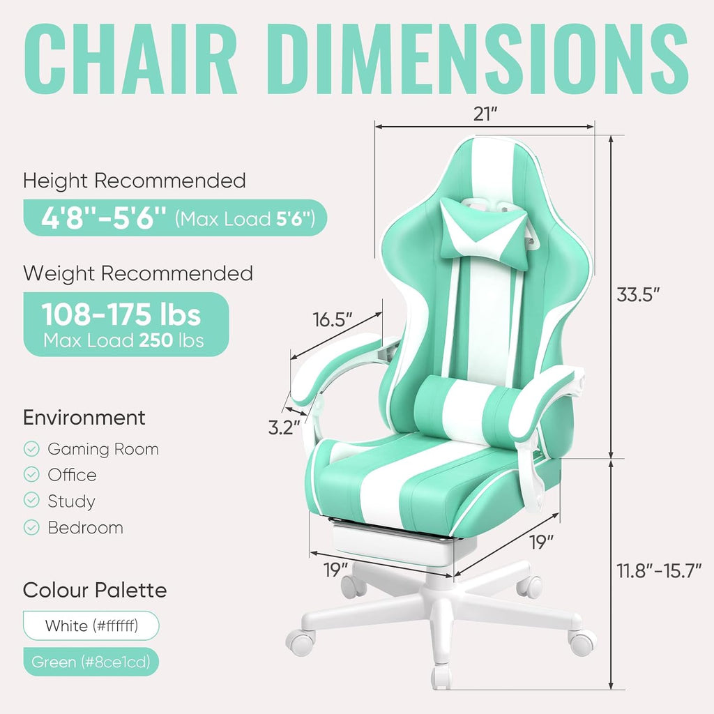 Ferghana Gaming Chairs, Ergonomic Racing Style PC Game Computer Chair with Headrest Lumbar Support Adjustable Recliner PU Leather Video Computer Chair(Light Green)