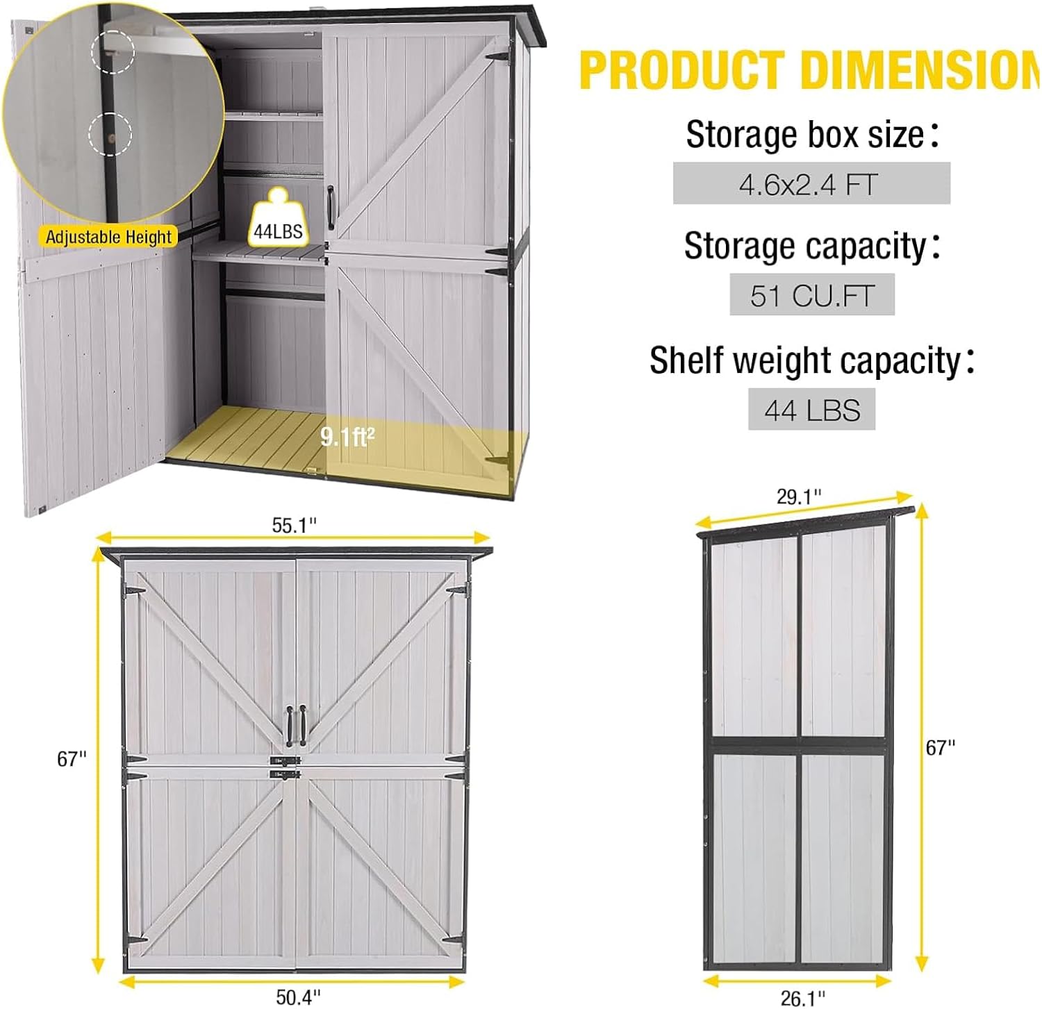 Aivituvin Storage Shed Outdoor Storage Cabinet Upgraded with All Arounded Metal Frame, Wooden Floor and Adjustable Shevels 55' L x 29' W x 67' H, Off-White