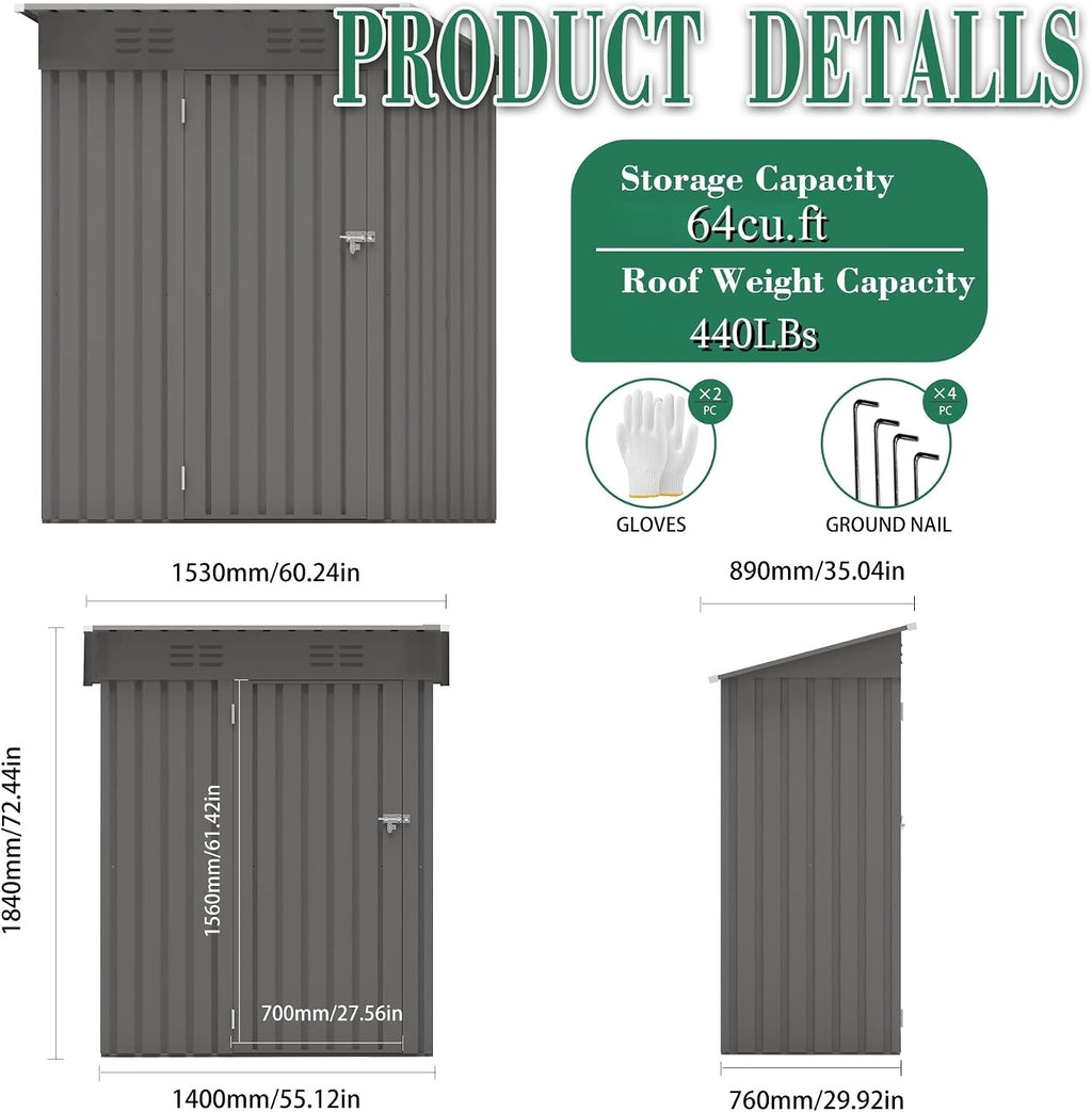 Outdoor Storage Shed 5x3x6FT Pitched Roof, Galvanized Steel Garden Shed with Lockable Door & Window, Waterproof Metal Tool Storage for Garden, Backyard, Patio, Lawn