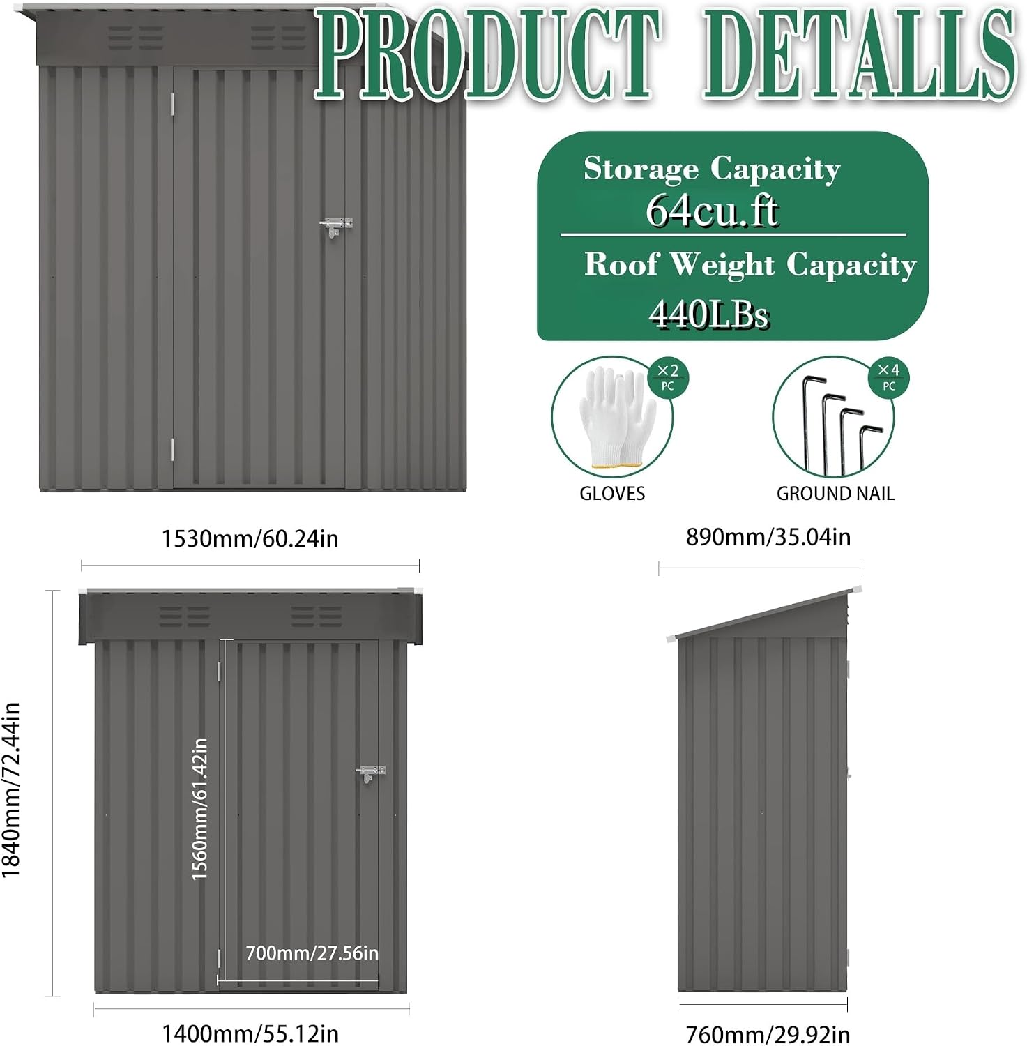 Outdoor Storage Shed 5x3x6FT Pitched Roof, Galvanized Steel Garden Shed with Lockable Door & Window, Waterproof Metal Tool Storage for Garden, Backyard, Patio, Lawn