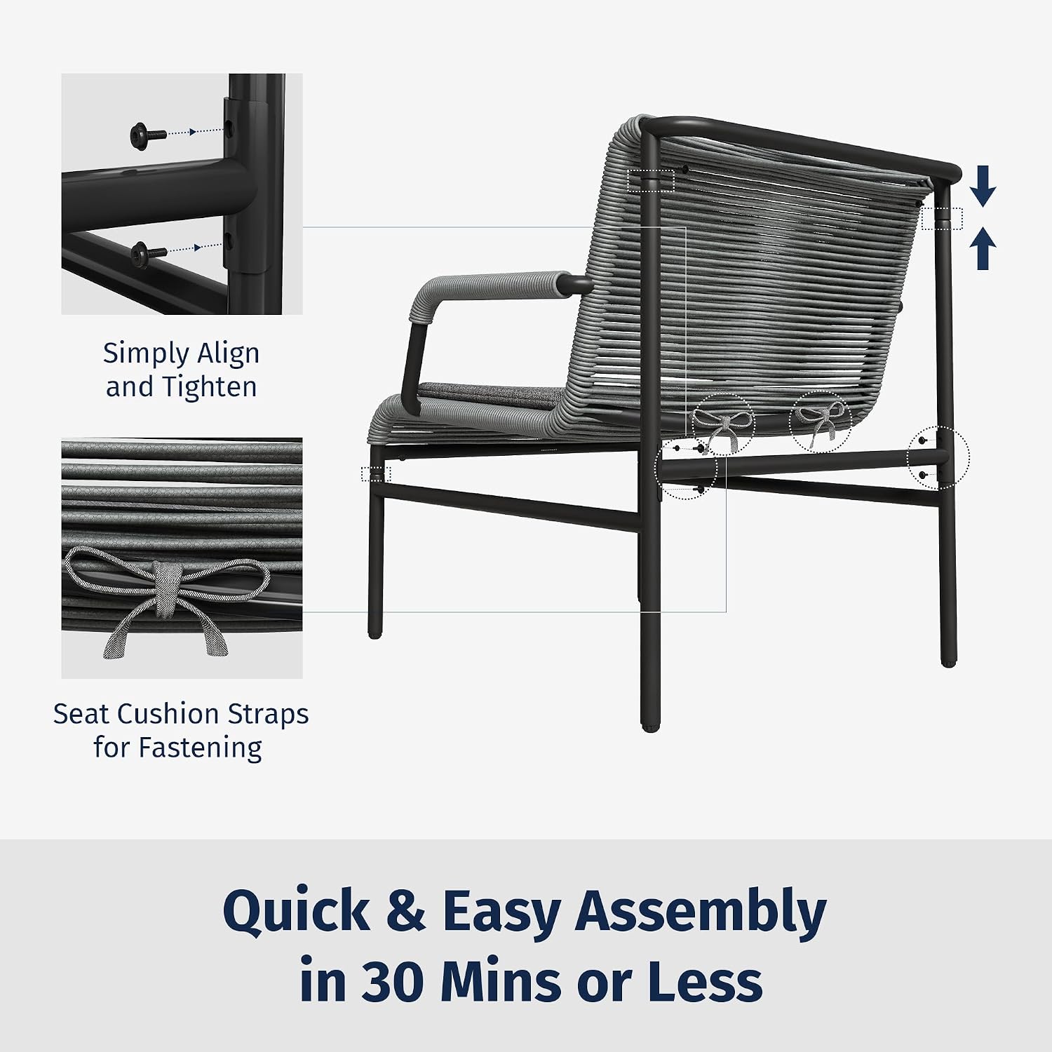 East Oak 3-Piece Patio Furniture Set, Outdoor Bistro Set with PE Rattan Wicker Wide Chairs, Soft Pads & Coffee Table, Modern All-Weather Wicker Patio Set for Garden and Porch, Misty Grey