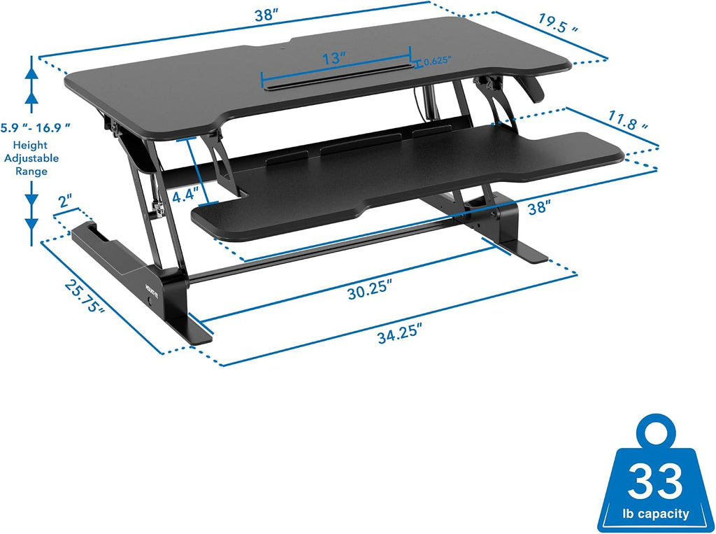 Mount-It! 38 Inch Standing Desk Converter - Gas Spring Sit Stand Desk Riser for Dual Monitors - Height Adjustable Desktop Workstation with Keyboard Tray - Black