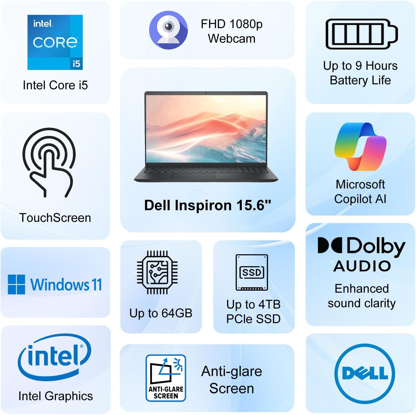 Dell Inspiron 15.6' FHD Touchscreen Laptop Computer | 13th Gen Intel Core i5 (Beat i7-1250U) | 64GB RAM | 2TB PCIe SSD | Long Battery | Copilot AI | FHD 1080p Webcam | WOWPC USB | Windows 11 Pro