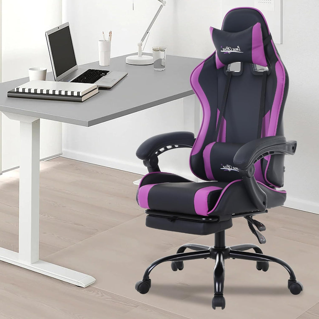PayLessHere Ergonomic Racing Desk Chair Computer Chair Gaming Chair with Footrest Lumbar Support Headrest Armrest Task Rolling Swivel Ergonomic E-Sports Adjustable PC Gamer Chair (Purple)