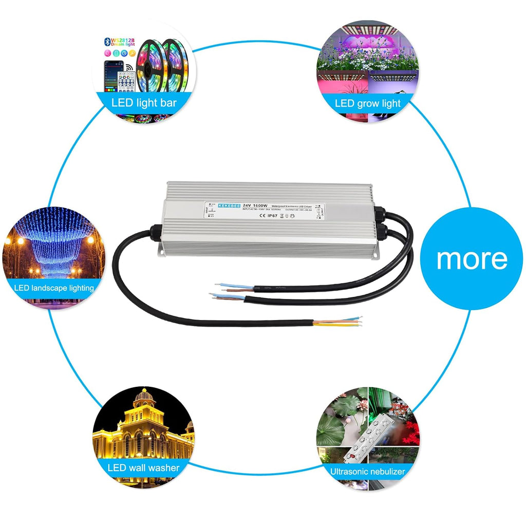 LED Driver 24V1600W Waterproof Power Supply AC 90-130V to DC 24V66.6A Waterproof Switching Power Supply IP67 Transformer Suitable for Indoor and Outdoor LED Lighting and Any 24V DC Equipment