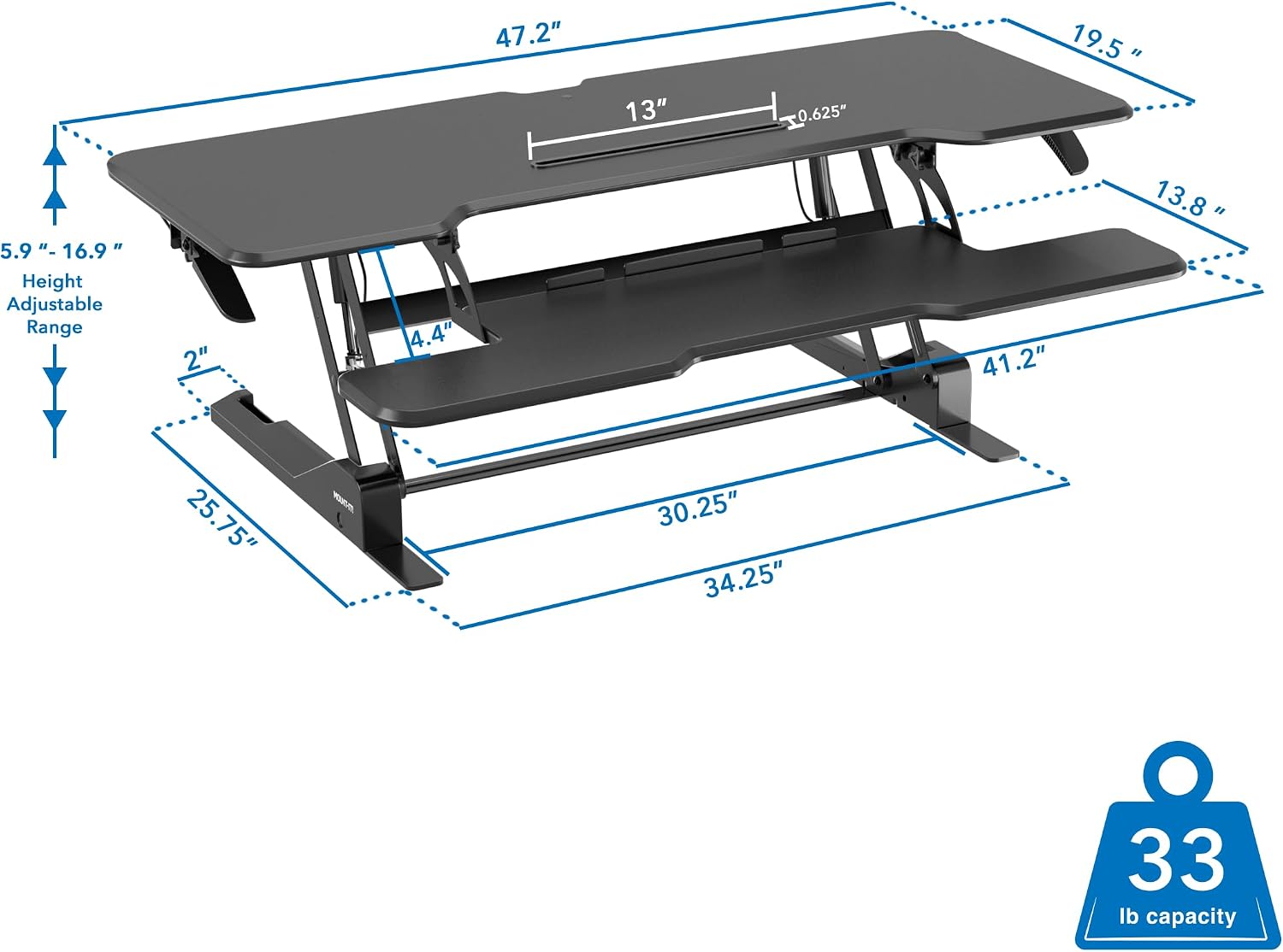 Mount-It! 47' Standing Desk Converter, XL Desktop Sit-Stand Desk Riser with Gas Spring Height Adjustment, Wide Desk Topper for Dual Monitors or Monitor & Laptop, Keyboard Tray, Black