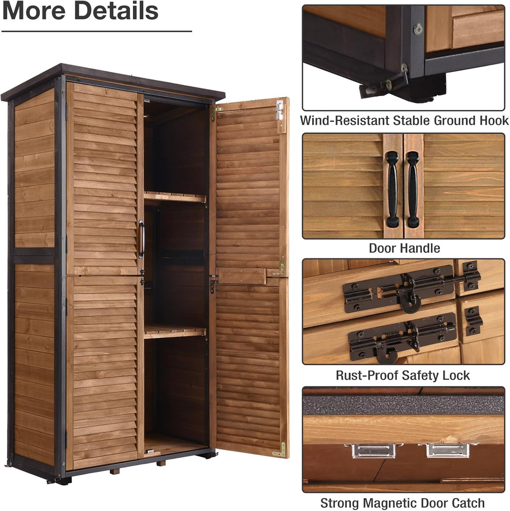 Outdoor Storage Cabinet Waterproof, Storage Shed with Sturdy Iron Frame & Anti-Corrosion Wood, Louvered Door Lockable Cabinet for Patio Garden Backyard, 63' H