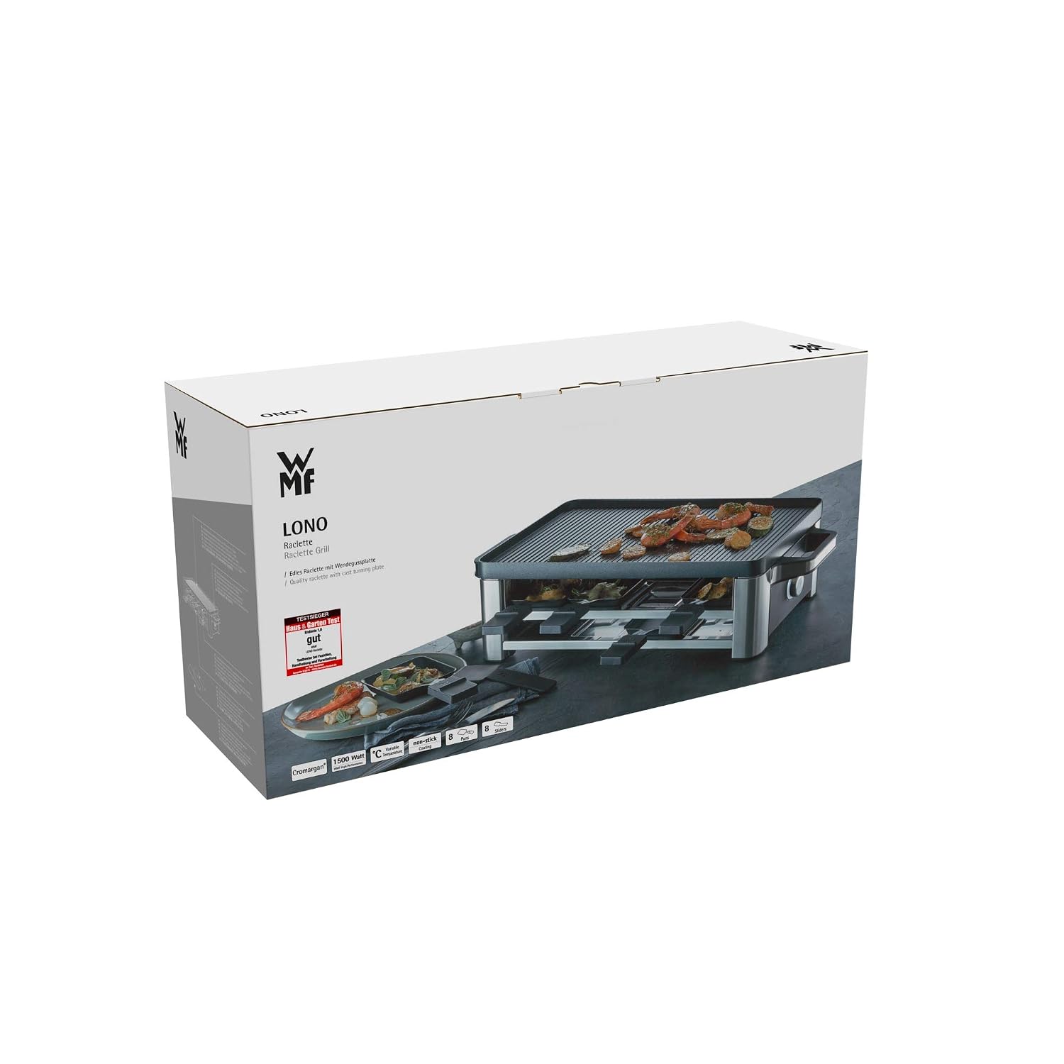 ERNITERTY WMF Lono Raclette Grill mit Pfännchen und Schiebern, Raclette 8 Personen, edelstahl matt, 1500W, White, (415040011)