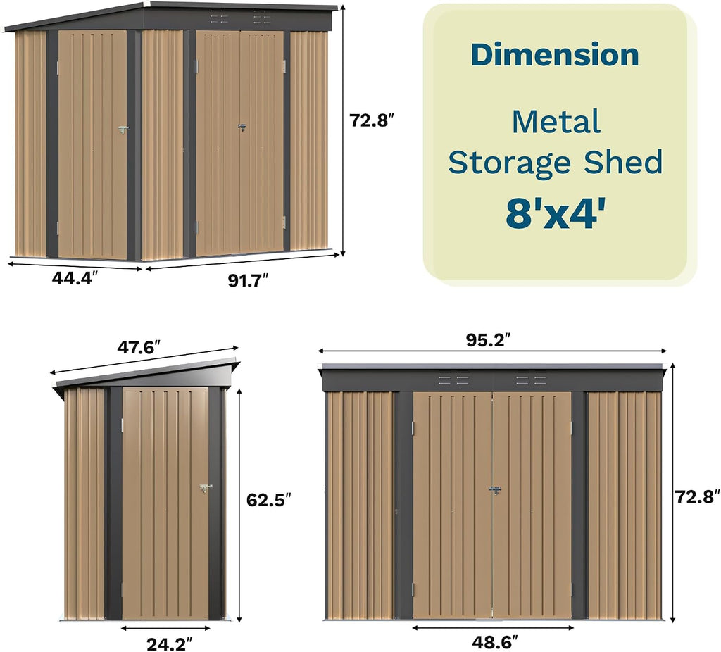 Patiowell 8x4 FT Outdoor Storage Shed, Metal Tool Sheds with 3 Doors, Brown