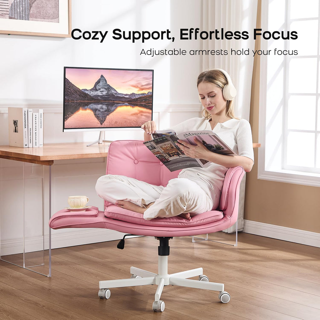 amseatec Criss Cross Office Chair, PU Leather Vanity Chair with 5-Level Adjustable Armrests & Swivel, Ergonomic Criss Cross Chair for Home Office Bedroom Makeup（Pink）