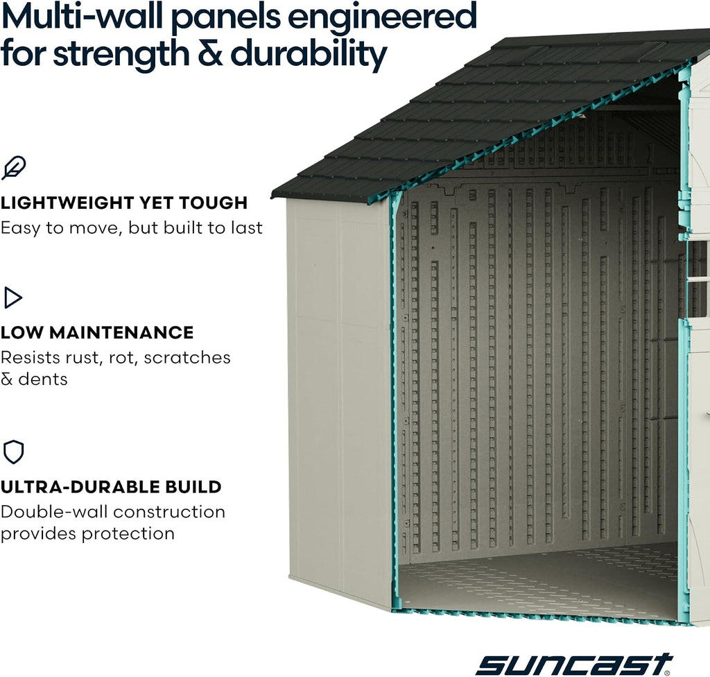 Suncast 8x7 Ft. Outdoor Storage Shed - Large Resin Shed with Floor, Lockable Double Doors, & Skylights. 378 Cu Ft Tremont Garden Sheds & Outdoor Storage for Lawn Tools, Riding Mowers, Bikes, & More