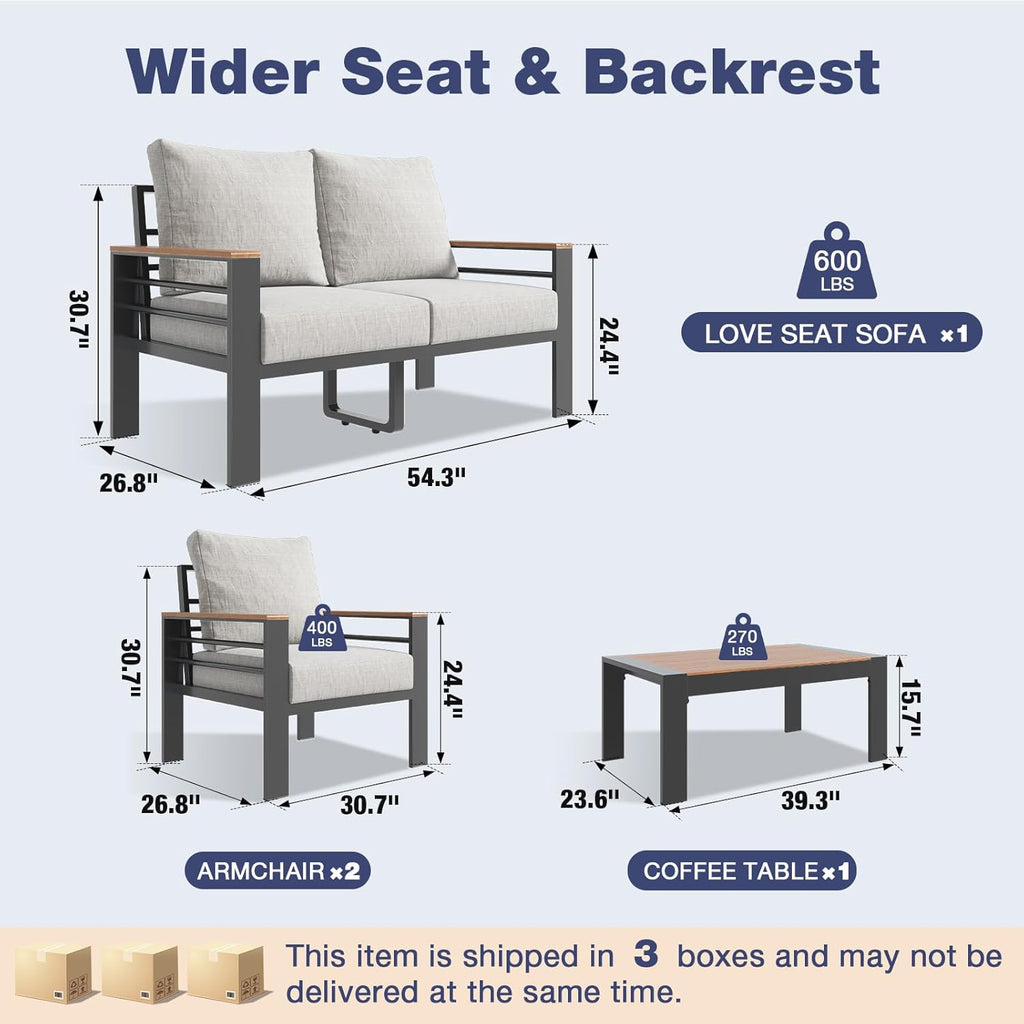 Aoxun Aluminum Patio Furniture Set with Umbrella 4 Seats, Oversized Outdoor Sectional with Washable Thick Cushions, Coffee Table and Waterproof Cover, Patio Conversation Sets for Porch, Balcony, Deck