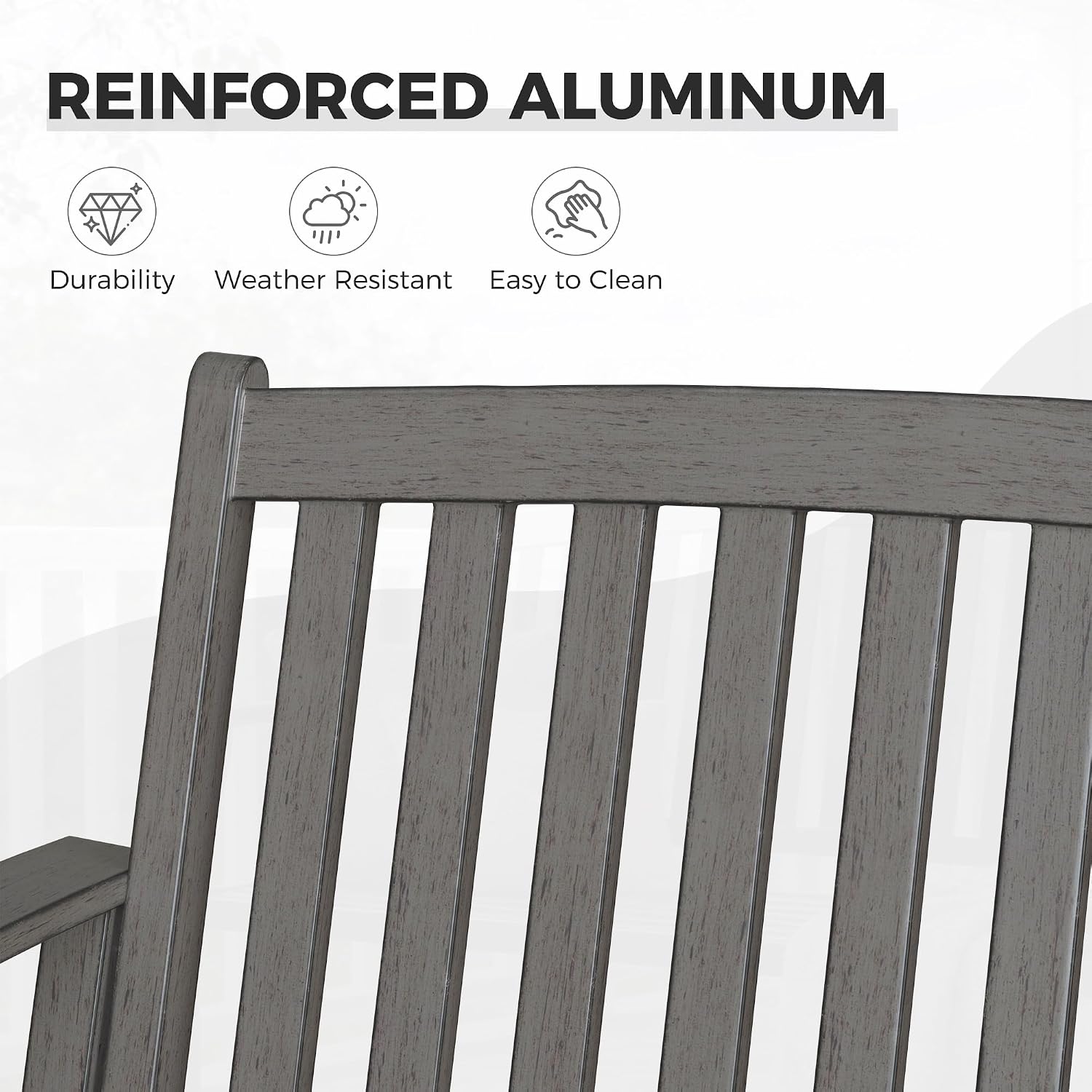 Grand patio Farmhouse Outdoor Bench, Garden Benches with Anti-Rust Aluminum, Faux Wood Grain Finish Frame Patio Bench for Front Porch, Weathered Gray
