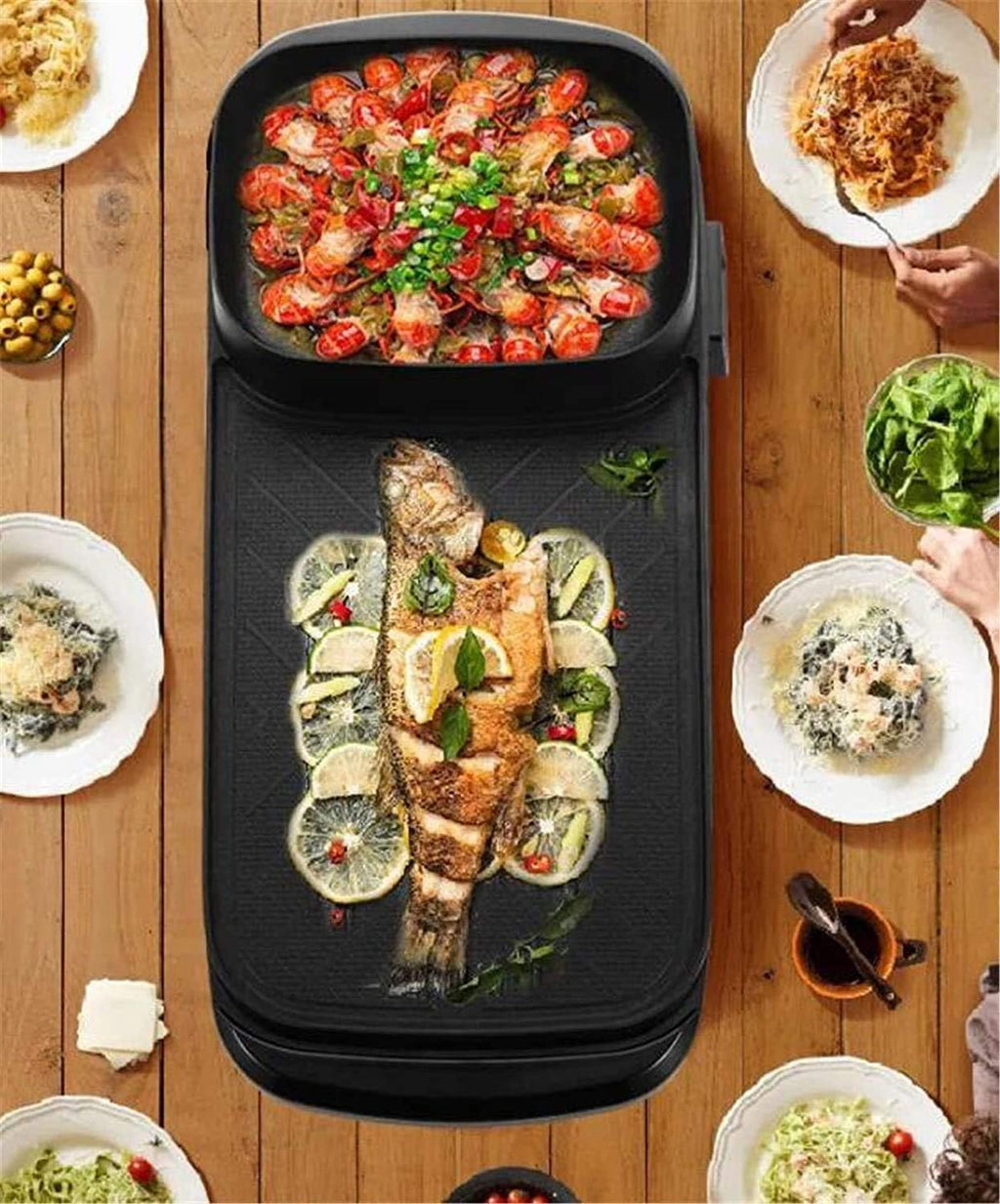 Smoke Free Electric Grill, 2-In-1 Electric Grill Grill Smokeless Indoor Machine for 6 People for Cheese, Thermostat Control, Non-Stick Material, Easy To Clean 1360 Watts
