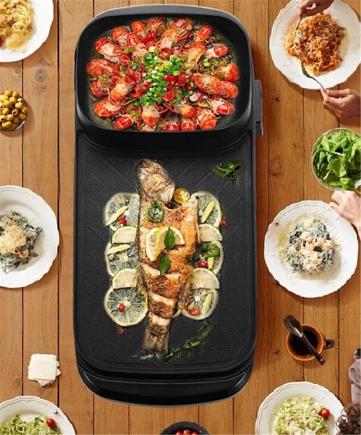 Smoke Free Electric Grill, 2-In-1 Electric Grill Grill Smokeless Indoor Machine for 6 People for Cheese, Thermostat Control, Non-Stick Material, Easy To Clean 1360 Watts