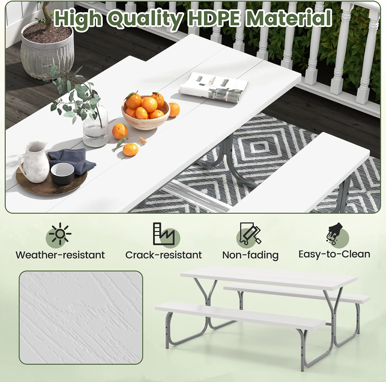 Giantex Picnic Table 6FT for 8 Person, Outdoor Table Set w/ 2 Benches, All-Weather HDPE Rectangular Tabletop, Heavy Duty Metal Legs, Umbrella Hole, for Patio Yard Lawn Party (White)