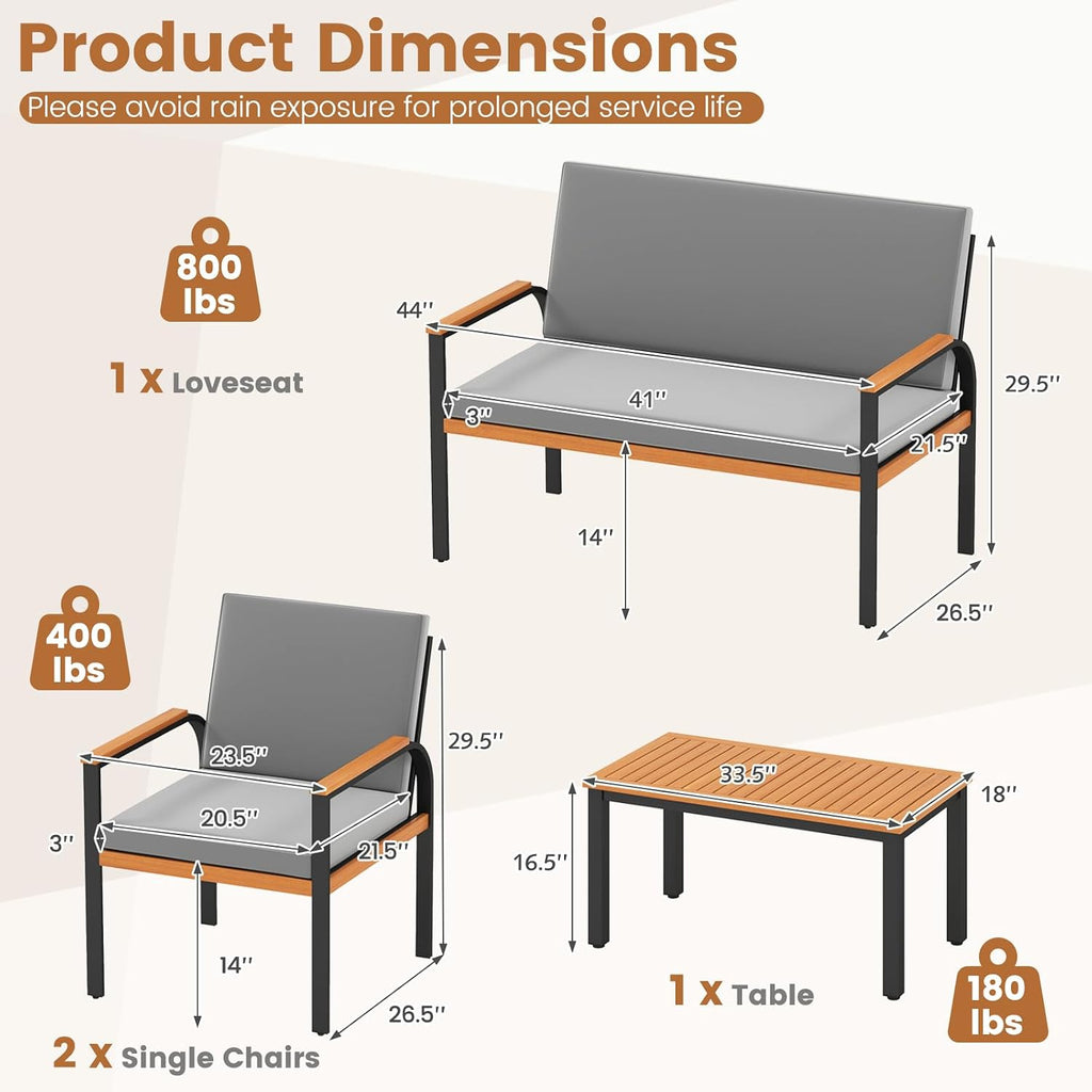 Tangkula 4 Pieces Patio Furniture Set, Outdoor Conversation Set with Acacia Wood Coffee Table, Cushioned Loveseat & 2 Single Armrest Chairs, for Porch, Garden, Backyard, Poolside