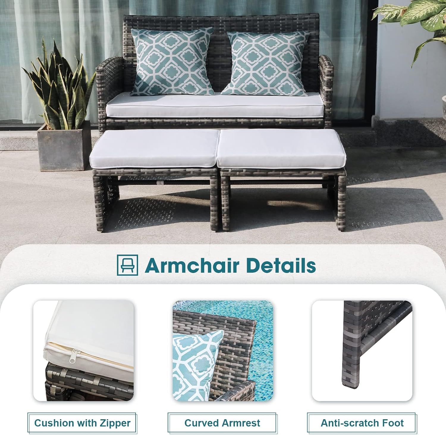 OC Orange-Casual Patio Furniture Sets,8 Pieces Conversation Set, Outdoor Wicker Bistro Set, All Weather Sectional Loveseat Chairs with Ottoman & Coffee Table, Grey Rattan with White Cushion