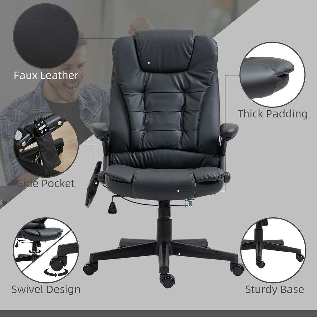 HOMCOM High Back Vibration Massage Office Chair with 6 Vibration Points, Heated Reclining PU Leather Computer Chair with Armrest and Remote, Black