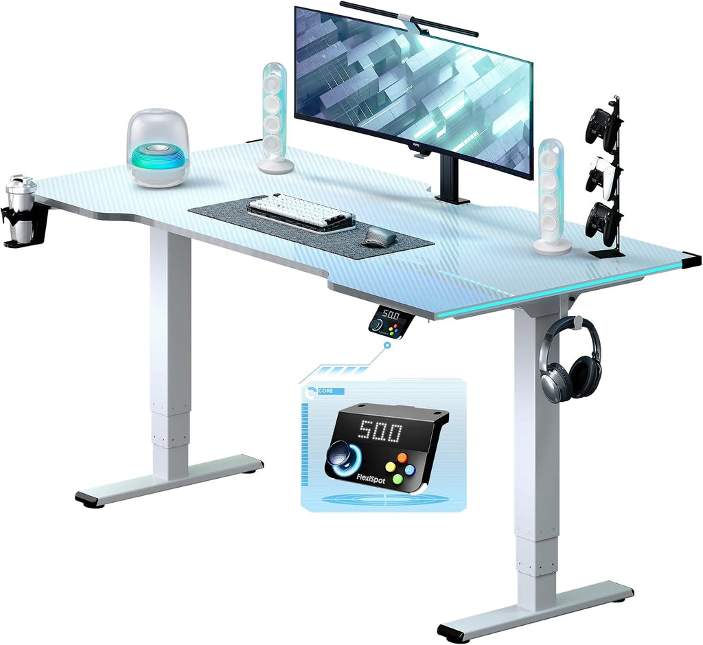 FLEXISPOT E6G CyberX 63 Inch RGB LED Electric Gaming Standing Desk, Dual Motor 3-Stage Adjustable Desk up to 352 lbs, Large Ergonomic Computer Workstation for Gamers, Streamers & Home Studios (White)