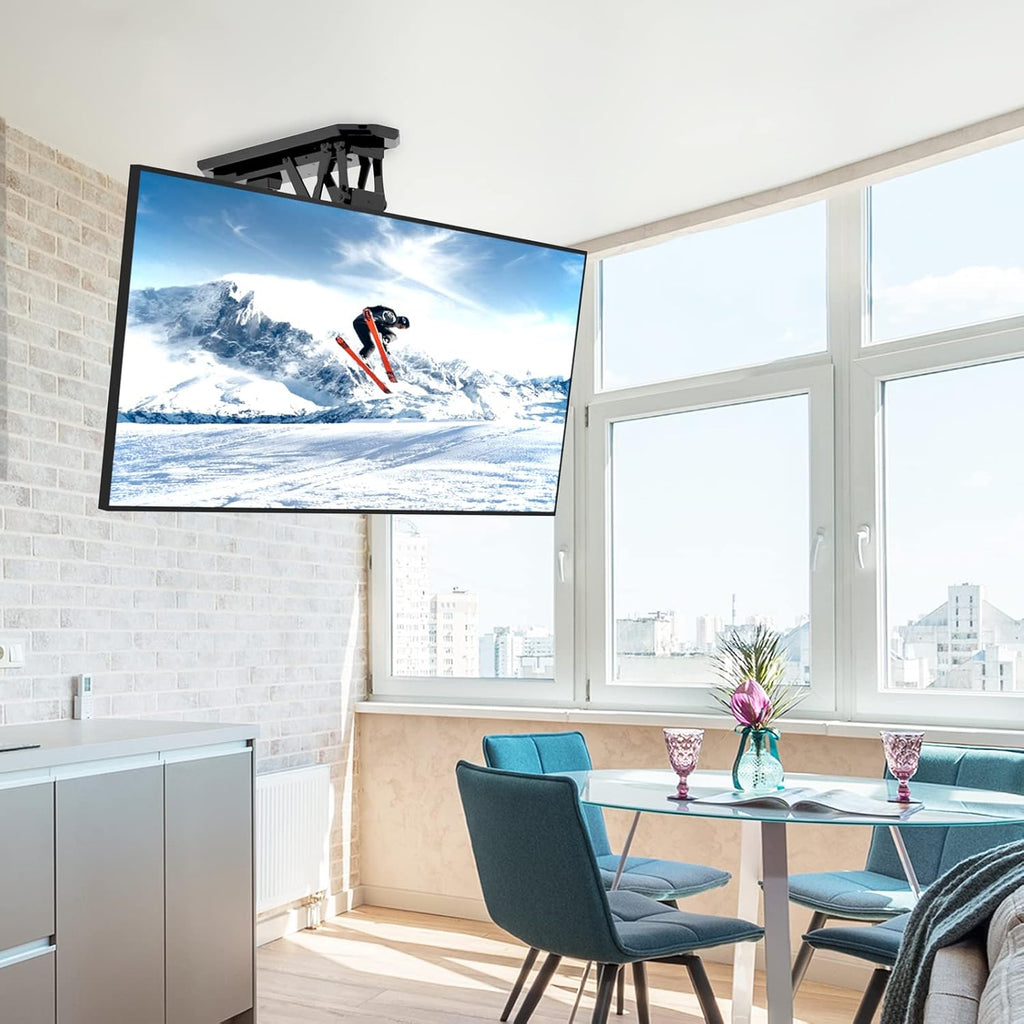 WALI Motorized Ceiling TV Mount with Remote, Electric Flip Down TV Bracket for 32 to 70 inch Flat and Curved Screen Up to 77 Lbs, Pitched Roof, Max Mounting Holes 600x400mm (FCM604), Black
