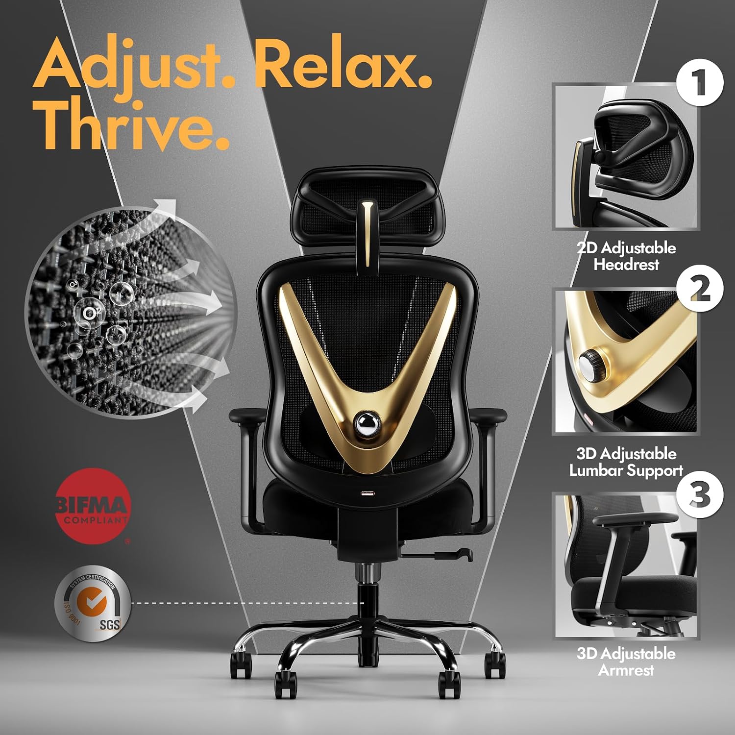 HOLLUDLE Ergonomic Mesh Office Chair - 3D Adjustable Lumbar Support & 3D Armrests, V-Shaped Back, Adjustable Desk Chair for Office & Home, Black and Gold