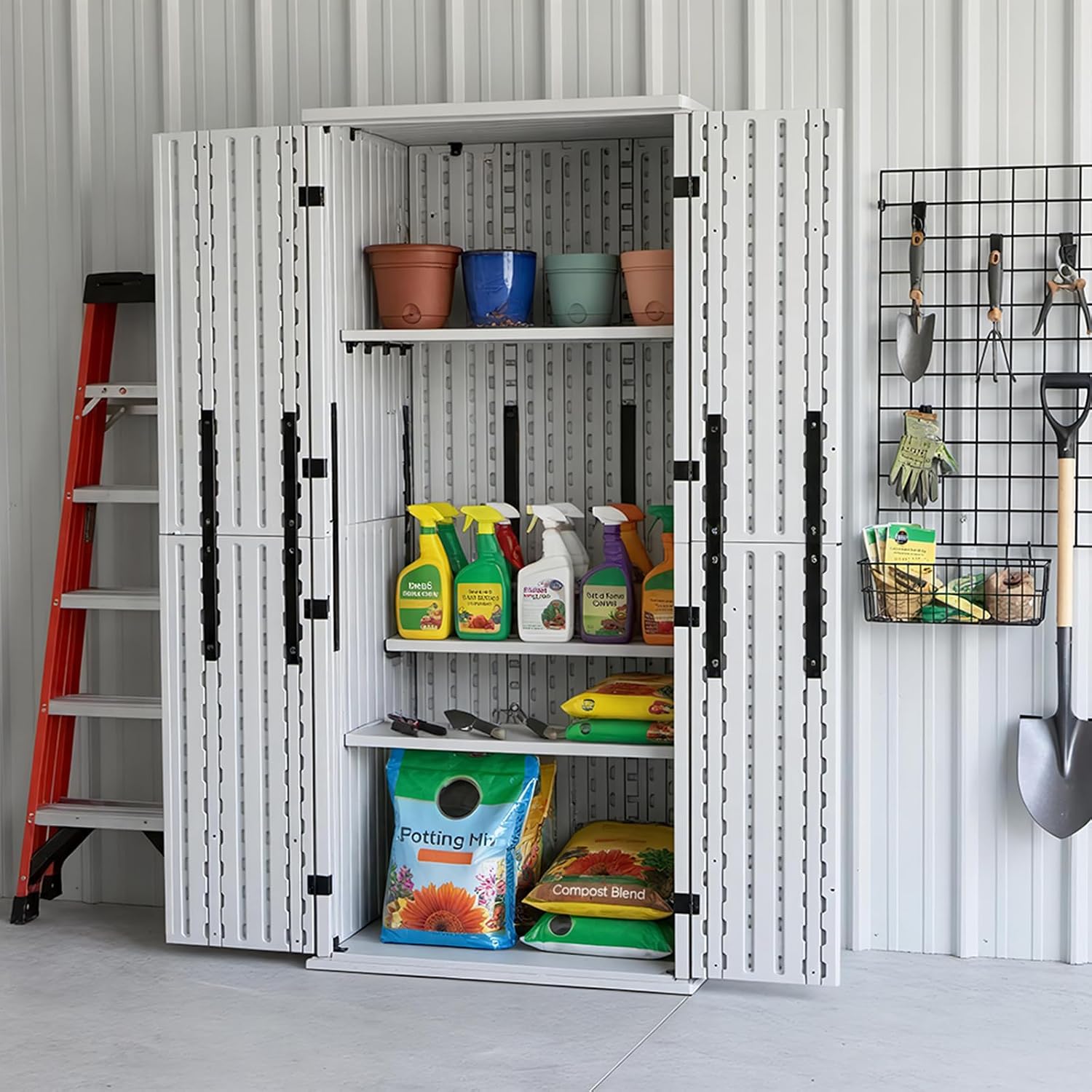 ZYJOYY Outdoor Storage Cabinet with 4 Shelves, 31.5' x 23.23' x 66.22' White Waterproof Resin Vertical Tool Shed, Lockable 30 cu.ft. Storage Shed for Patio, Garden, Yard