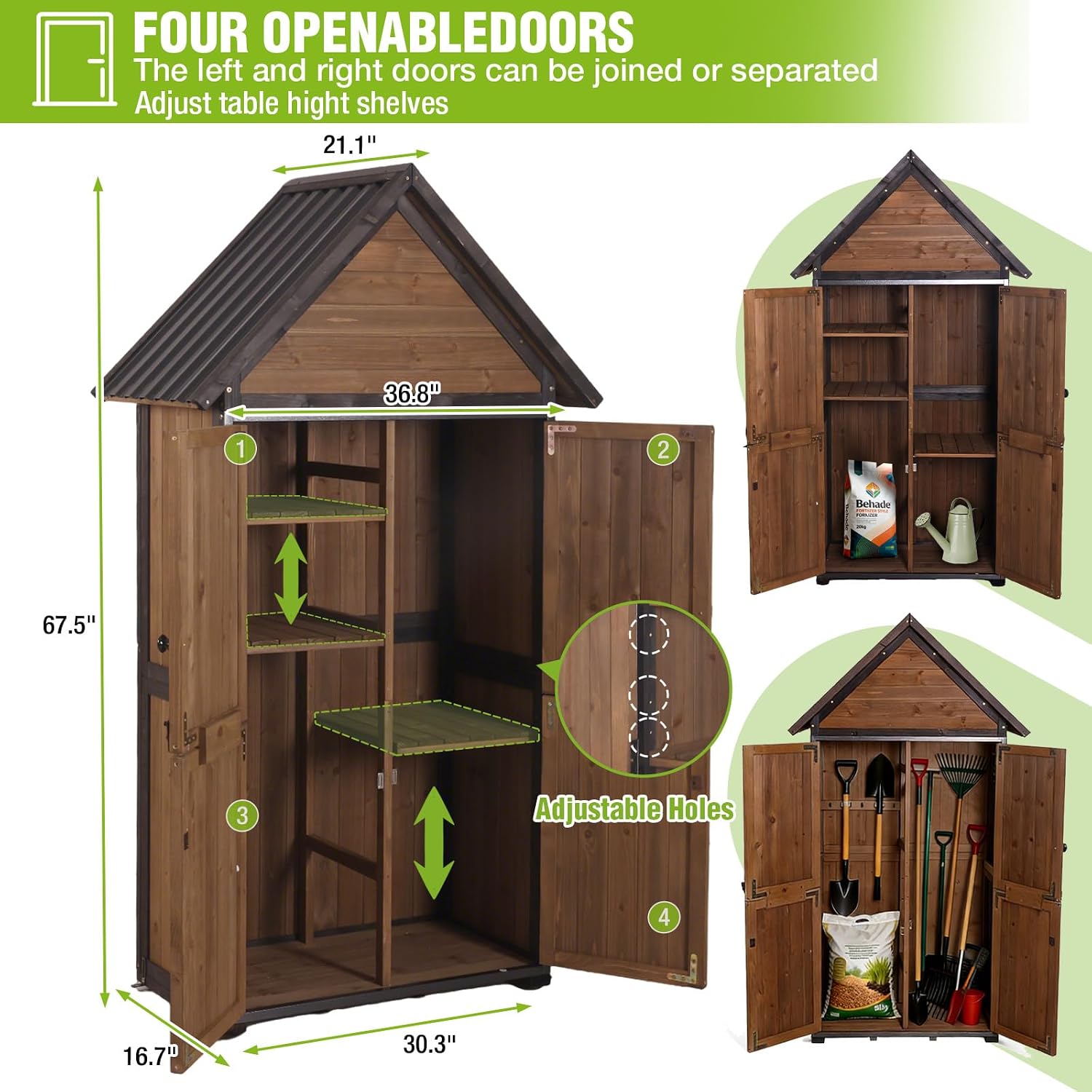 GUTINNEEN Shed Outdoor Storage Upgraded with Durable Front Metal Frame Garden Shed Tool Storage Cabinet with Wooden Floor Adjustable Shelfs 2.5 x 1.4FT （Brown）