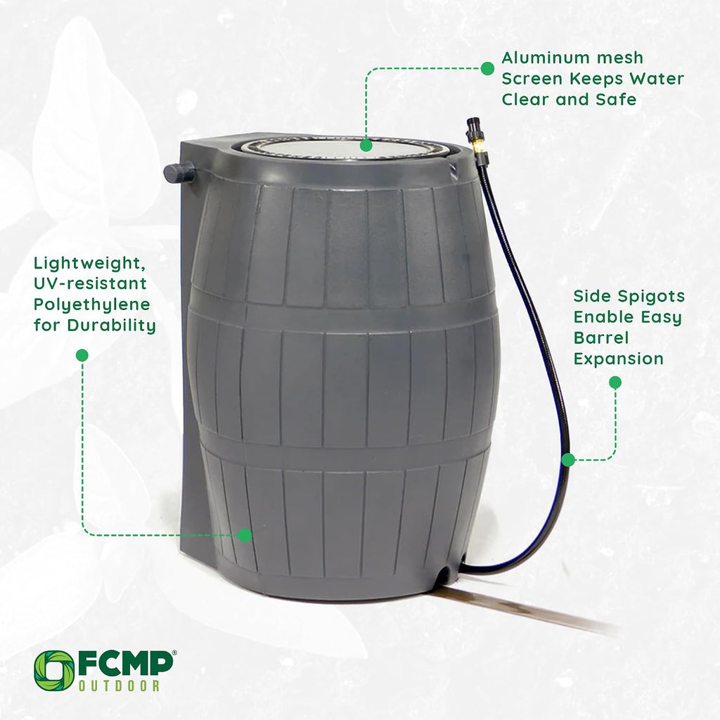 FCMP Outdoor Raincatcher 4000 Rain Barrel, Flat-Back Rainwater Catcher with Spigots, 50 Gallon, Grey - Portable Water Storage Container Tank for Home, Garden, and Backyard