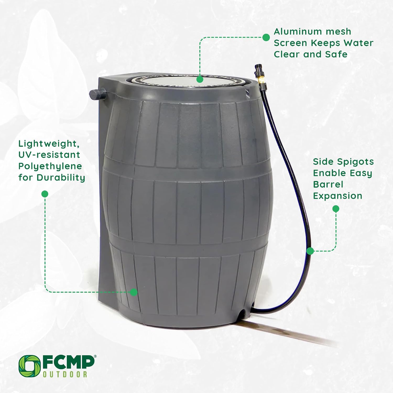 FCMP Outdoor Raincatcher 4000 Rain Barrel, Flat-Back Rainwater Catcher with Spigots, 50 Gallon, Grey - Portable Water Storage Container Tank for Home, Garden, and Backyard