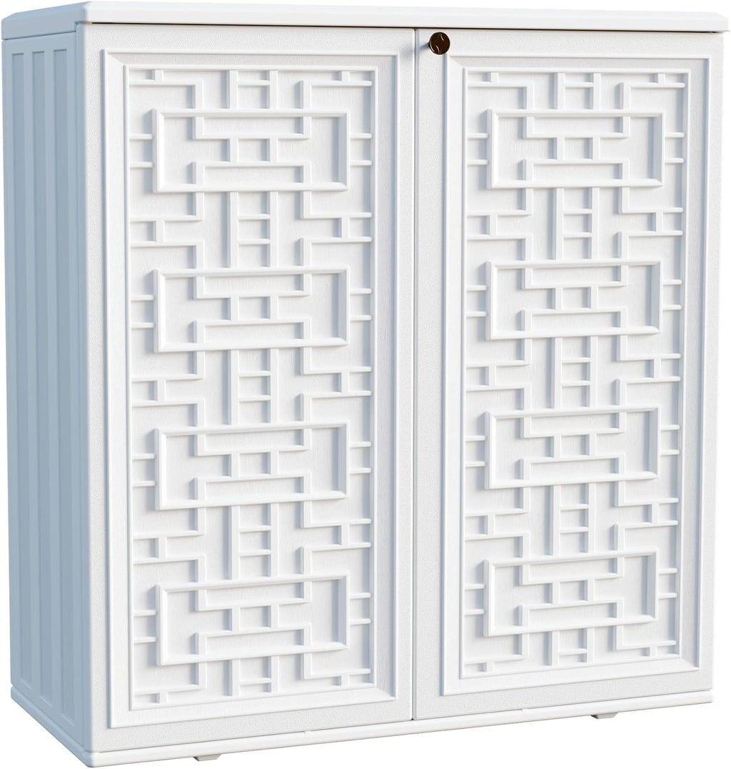 Mrosaa Indoor Outdoor Storage Cabinet Waterproof with Shelf, Off White Plastic Outdoor Cabinets for Patio/Garden/Backyard, Size 34.3''L*15''W*36.2''H