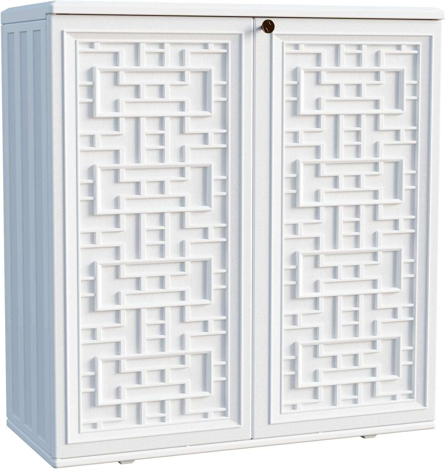 Mrosaa Indoor Outdoor Storage Cabinet Waterproof with Shelf, Off White Plastic Outdoor Cabinets for Patio/Garden/Backyard, Size 34.3''L*15''W*36.2''H