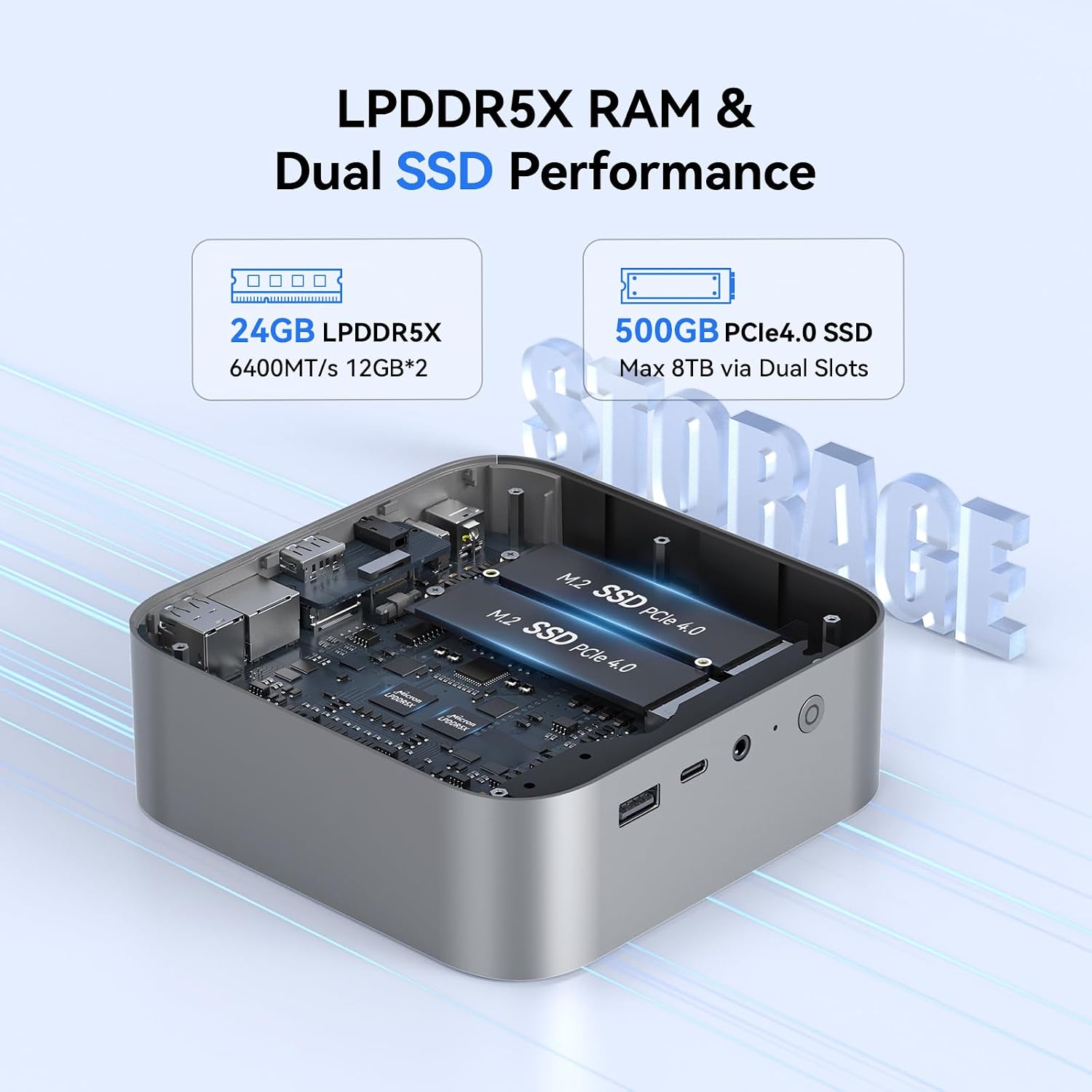 Beelink Mini PC SER9 Pro Ryzen 7 H255(3.8-4.9GHz), 24GB 6400MT/s LPDDR5X 500GB PCIe4.0 SSD Desktop Computer, AI Voice/Built-in Speakers/MIC, 2.5G LAN/WiFi6/Home/Office/Gaming PC