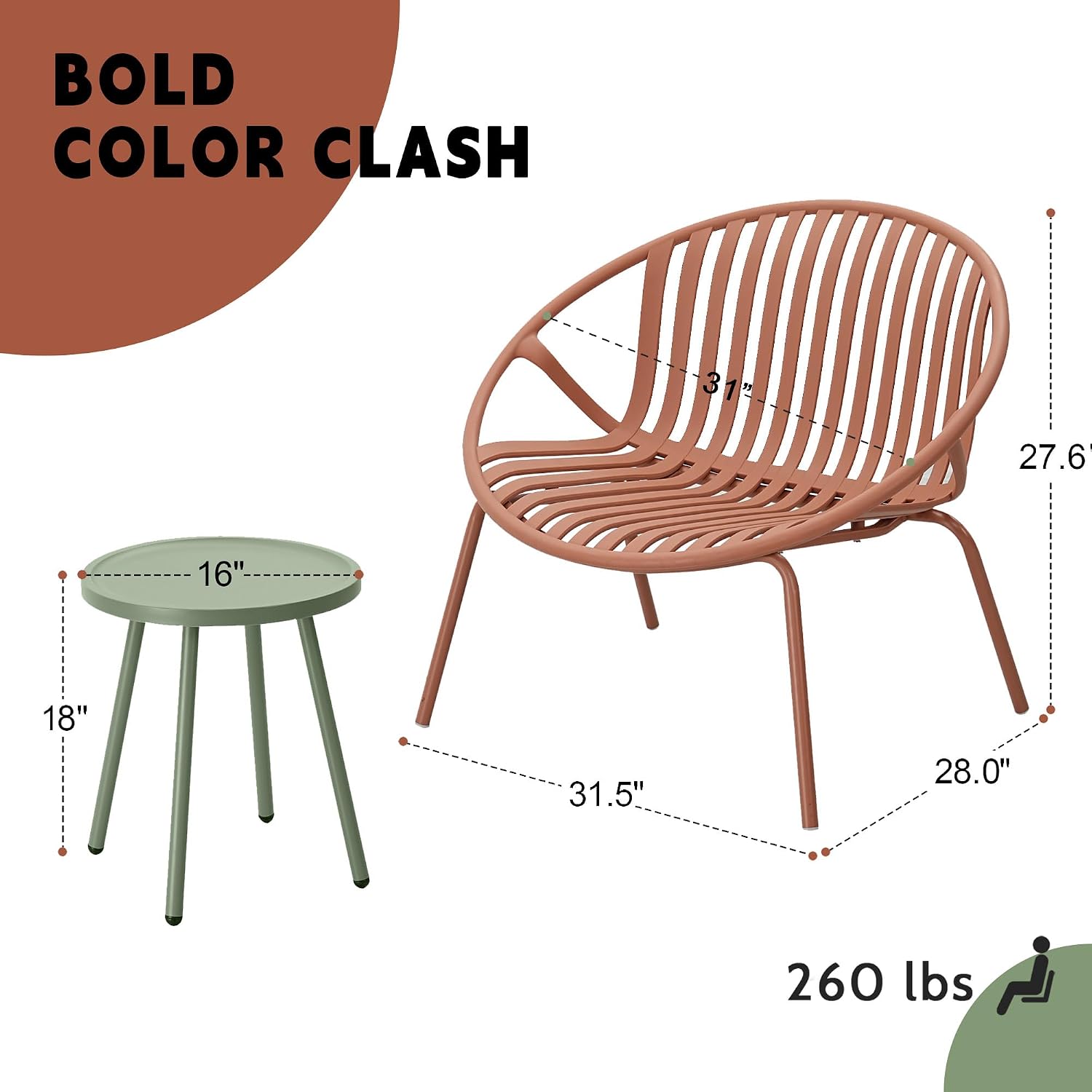 Werph Patio Furniture Set, 3 Pieces Outdoor Furniture with Bistro Green Table and Orange Chairs Set of 2, Outdoor Patio Set with Porch Chairs and Table, Deck Conversation Set for Garden Poolside
