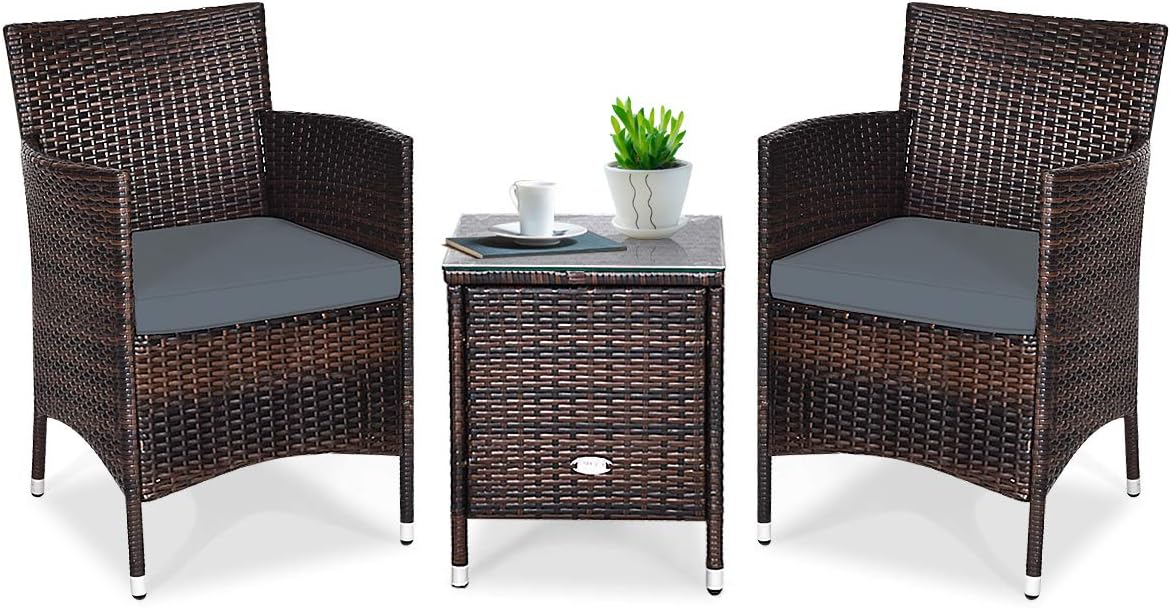 COSTWAY 3 PCS Patio Furniture Set, Outdoor Wicker Conversation Set with Tempered Glass Coffee Table, Seat Cushions, Rattan Wicker Chairs for Poolside Balcony Porch Backyard, Gray