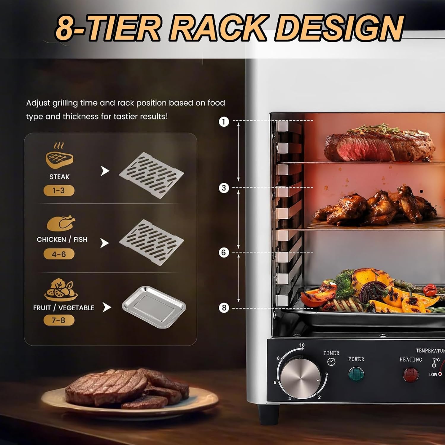 1700W Electric Steak Broiler, Contact Steak Grills,With 10-Layer Grill/Time Temperature Adjustable/Maximum Temperature 800℃,220V