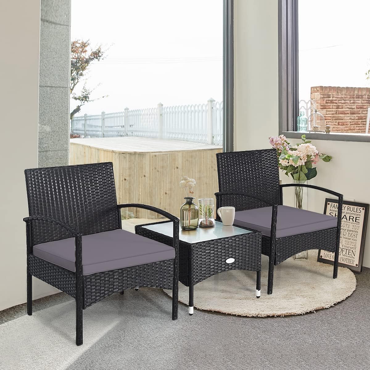 HAPPYGRILL 3 Pieces Rattan Patio Bistro Set, Outdoor Conversation Set, Patio Furniture Set with Glass Coffee Table & Soft Cushions for Balcony Garden Poolside