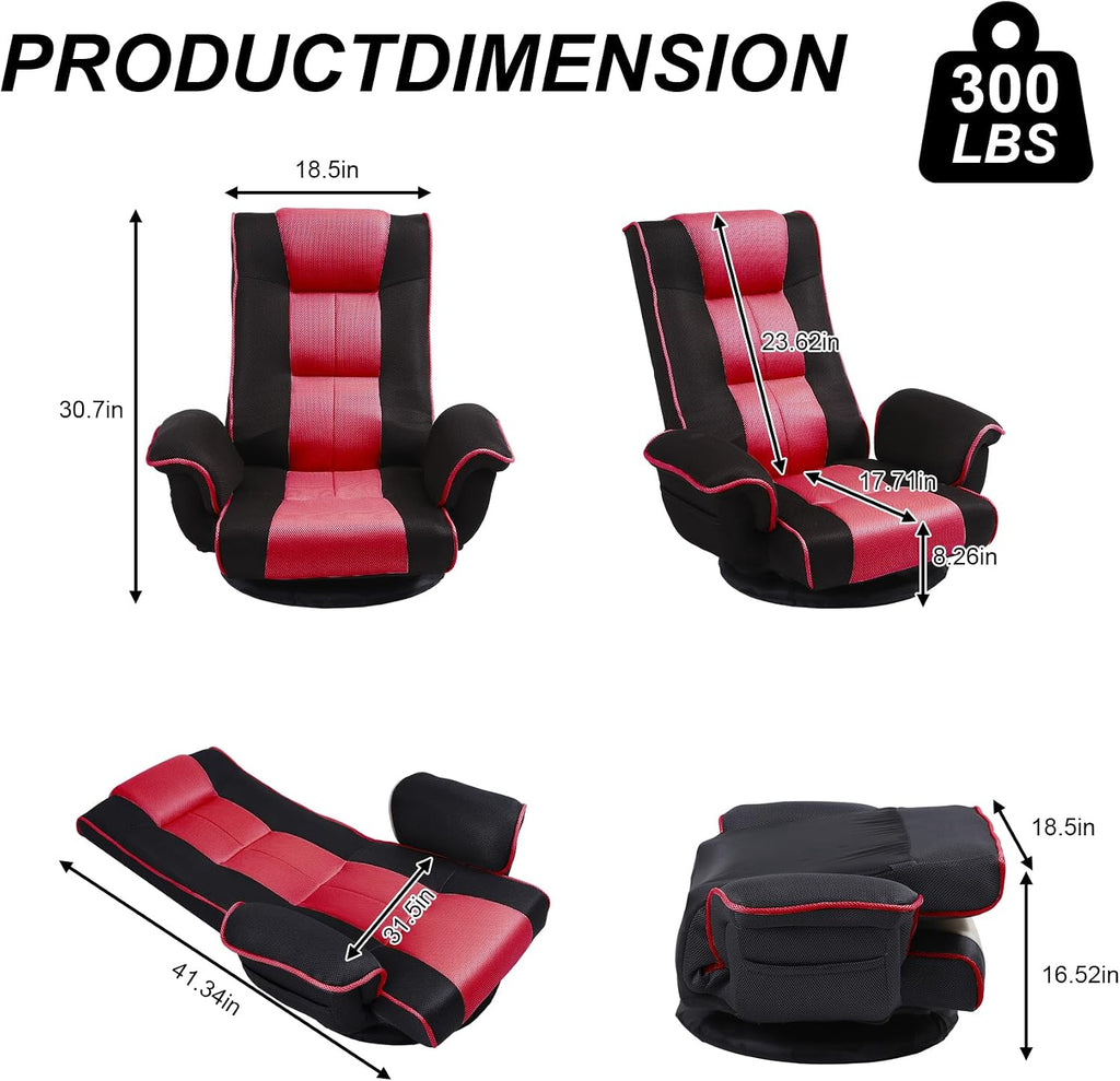 Swivel Floor Chairs for Adults, Floor Gaming Chair with Extra Wide Arms, Back Support 14 Angles Adjustable Comfortable Double Mesh Fabric Lazy Sofa for Video Game Chairs 201 (Black+Red)