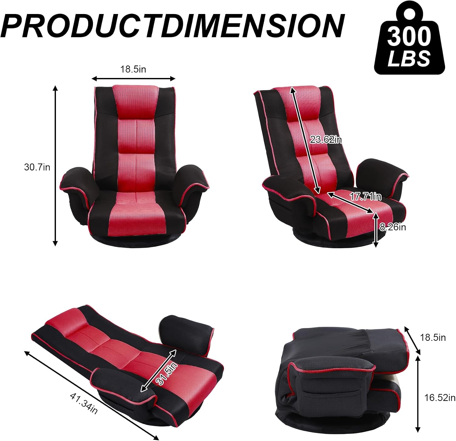 Swivel Floor Chairs for Adults, Floor Gaming Chair with Extra Wide Arms, Back Support 14 Angles Adjustable Comfortable Double Mesh Fabric Lazy Sofa for Video Game Chairs 201 (Black+Red)