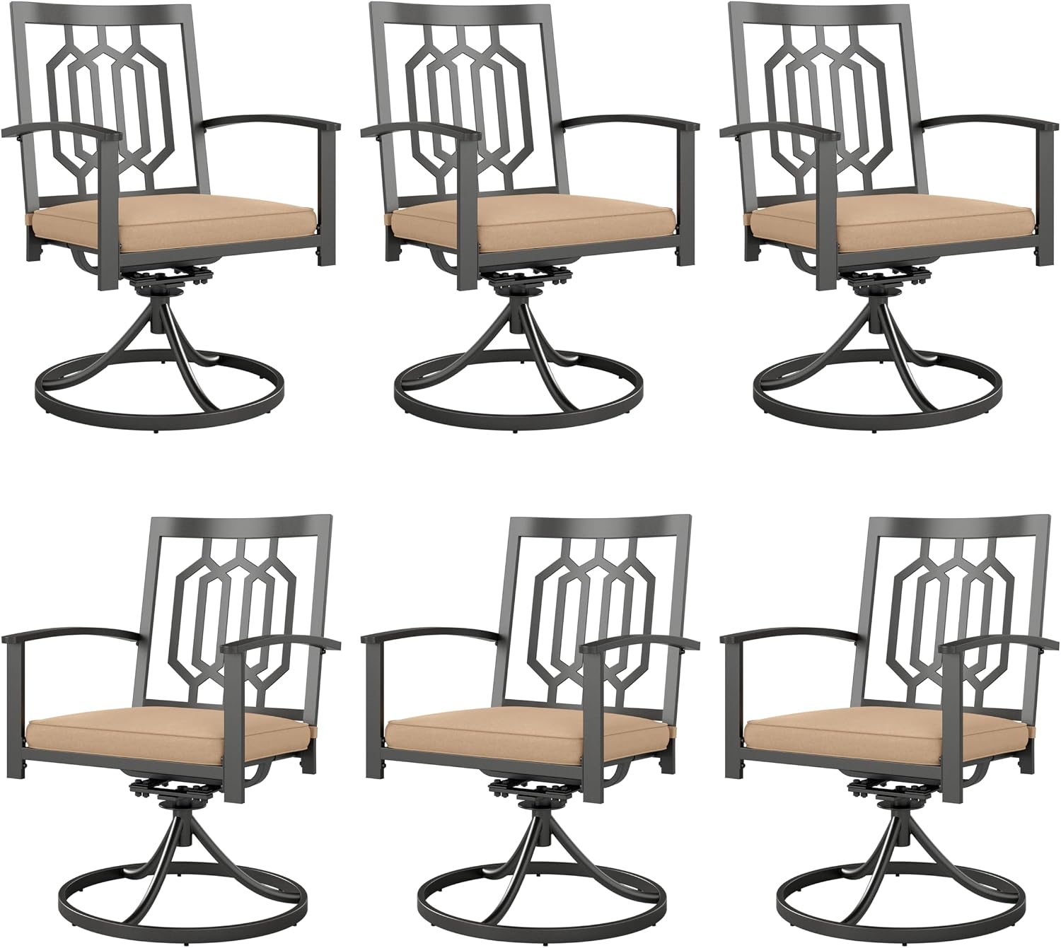 PHI VILLA Outdoor Metal Swivel Chairs Set of 6 Patio Dining Rocker Chair with Cushion Furniture Set for Garden Backyard Bistro, Black